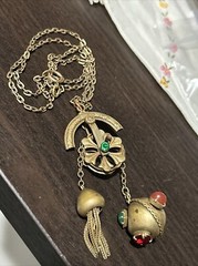 RARE Antique Brass CZECH Unique Necklace Tassel Stone Chatelaine Pulley Fob
