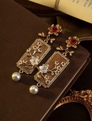 Vintage Floral Drop Earrings Red Rose Pearl Dangle Elegant Art Deco