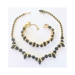 Vintage Jet Black Marquis & Clear Rhinestone Necklace & Bracelet Demi Parure