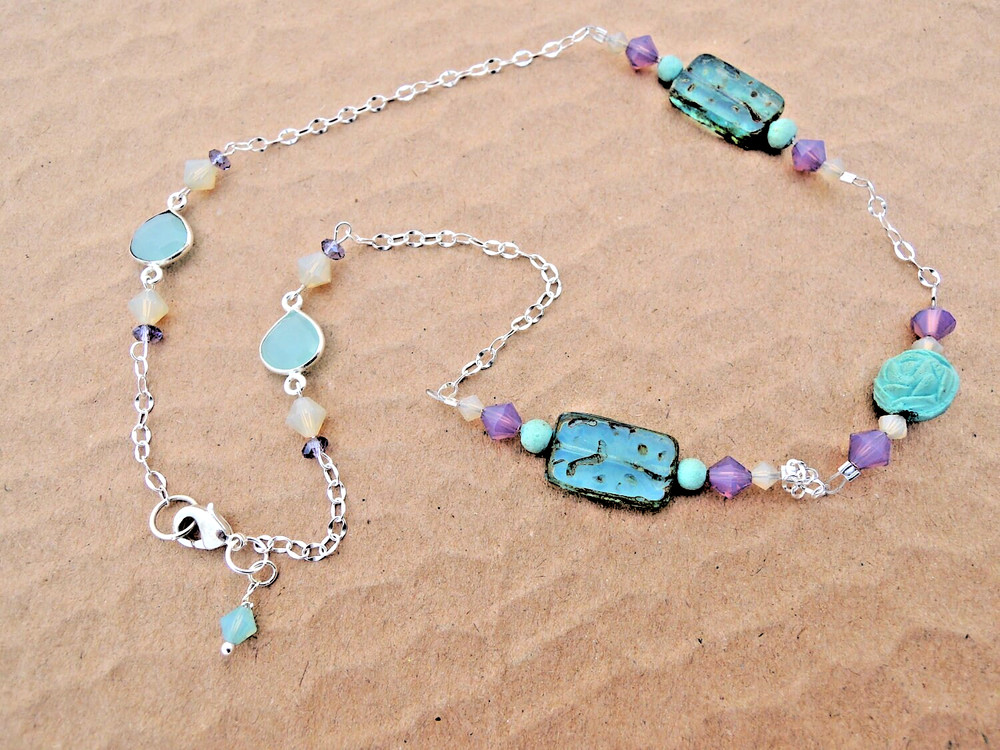 Vintage Pressed Rose Petal Bead & Sterling Silver Necklace