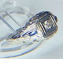 Estate Art Deco Diamond Synthetic Sapphire 18K White Gold Ring