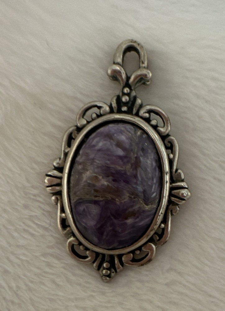 Vintage 925 Sterling Silver Oval Purple Charoite Pendant