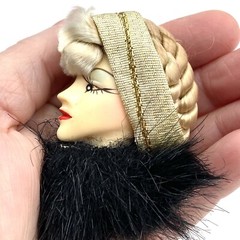Vtg GoldTone Brooch 1980’s Fashion Lady Fur Headband Blonde Braided Hair Bangs O