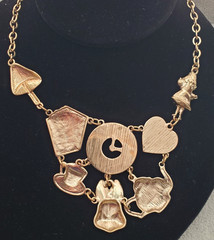 Vintage Alice In Wonderland Gold Tone Bib Necklace T Cup T Pot Rabbit Mushroom