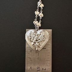 Vintage Silver Tin Rose Style Heart Locket with Tiny Hearts Link Chain 🩶
