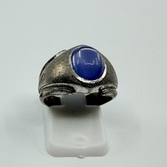 Vintage Brutalist Men’s Signet Ring Silver Tone Blue Cabochon Textured Band