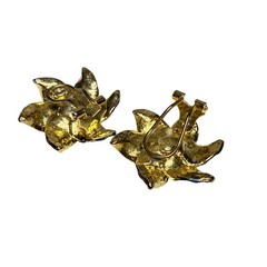 Vintage Blue Gold Flower Clip-On Earrings Rhinestone Center Statement Jewelry