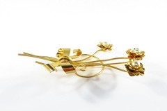 Coro Gold Gilded Vintage Triple Flower Brooch Faux Pearl Large 3 1/8″ x 1 5/8″