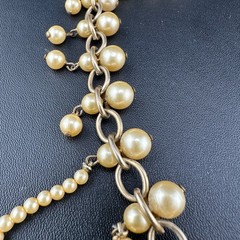 Vintage Faux Pearl Fringe Chain Necklace Gold Tone Beaded Dangle Charm Old Clasp