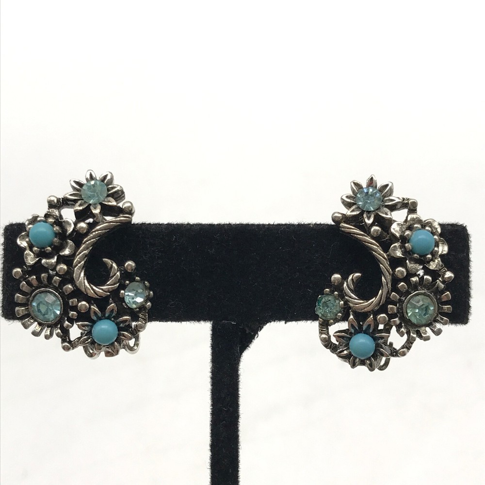 Vintage Lisner Silver Tone Blue Rhinestone Flower Climber Clip On Earrings