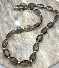 Vintage Faceted Smoky Quartz Topaz Beaded Necklace w/ Filigree 14K Gold Clasp
