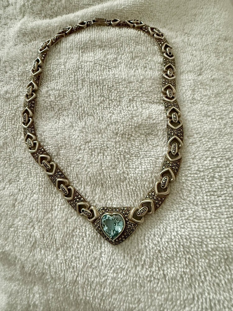 VINTAGE ARTISAN Sterling Silver ANTIQUE MARCASITE Blue TOPAZ HEART LINK Necklace