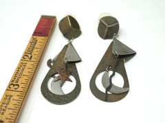Vintage Brutalist Hammered Abstract Two-tone Statement Earrings Moon Star Drop