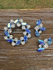 Vintage B. David Blue and Clear Crystal Rhinestone Pin Earring Set