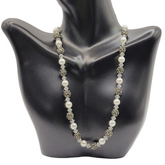 Artisan Made Faux Pearl Crystal Ornate Metal Bead Vintage Necklace 16 Inch