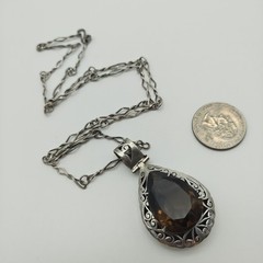 Vintage Sterling Silver 925 Smoky Quartz Large Pendant Necklace 24″