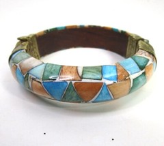 Vintage Horn Inlaid Bone Chunky Bangle Bracelet Hinged Brass pin Pastel Wood 60s