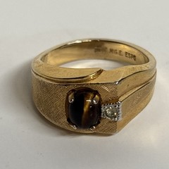 Vintage ESPO 18K HGE Gold Tone Brass Tiger Eye And CZ Ring, Size 11.75