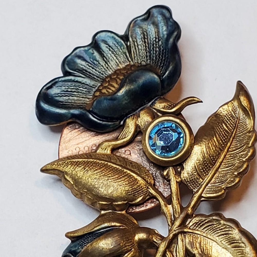 Copper Metal Blue Flower Pin Blue Rhinestone 2.25 inch Estate Vintage 1950s