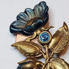Copper Metal Blue Flower Pin Blue Rhinestone 2.25 inch Estate Vintage 1950s