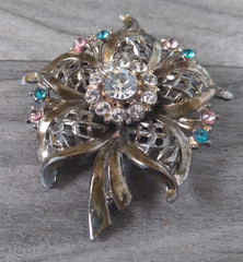 Floral Rhinestone Brooch 2.5in Vintage Pink Blue Clear Gold Tone Flower