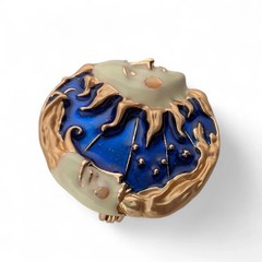 Celestial Sun Moon Face Brooch Blue Gold Enamel Rhinestone Vintage Style Pin