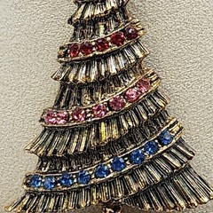 Vintage B.J. Christmas Tree Brooch Rhinestone Signed