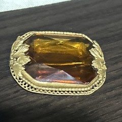 Vintage Nouveau Signed Czech Topaz Amber Glass Open Bezel Set Brooch Pin Amazing