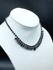 Vintage Art Deco French Jet Necklace Black Glass Square Rhinestone 15″