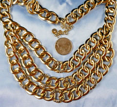 Pretty Triple Chain Link Bib Necklace Gold Tone w/ Tiny Marcasites
