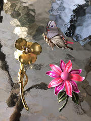 Vintage Enamel / Gold Tone Flower Pin / Brooch Lot – Mixed Materials – 1 Signed