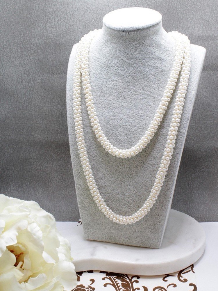 62″ No Clasp Vintage Handmade Crocheted Faux Pearl Necklace Victorian Era Style