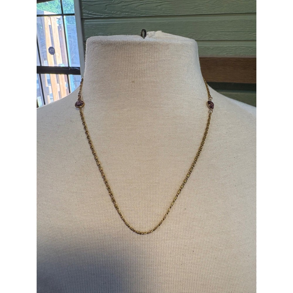 Vintage Gold Tone Delicate Statement Necklace Purple Prong Set Stones 20 Inch