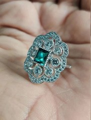 Art Deco Style Lab Created Diamond & Emerald Anniversary 14K White Gold FN Ring
