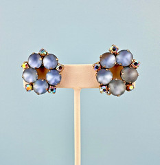 Vintage Clip On Earrings Baby Blue AB Rhinestone Frosted Glass Cabochon Stones