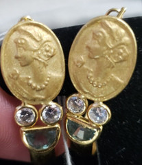 Vintage 18k gold earrings, three stones, with face portrait on it .16 otz