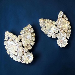 Weiss Earrings Rhinestone Clip On Clear Navette Signed Vintage Mid Century