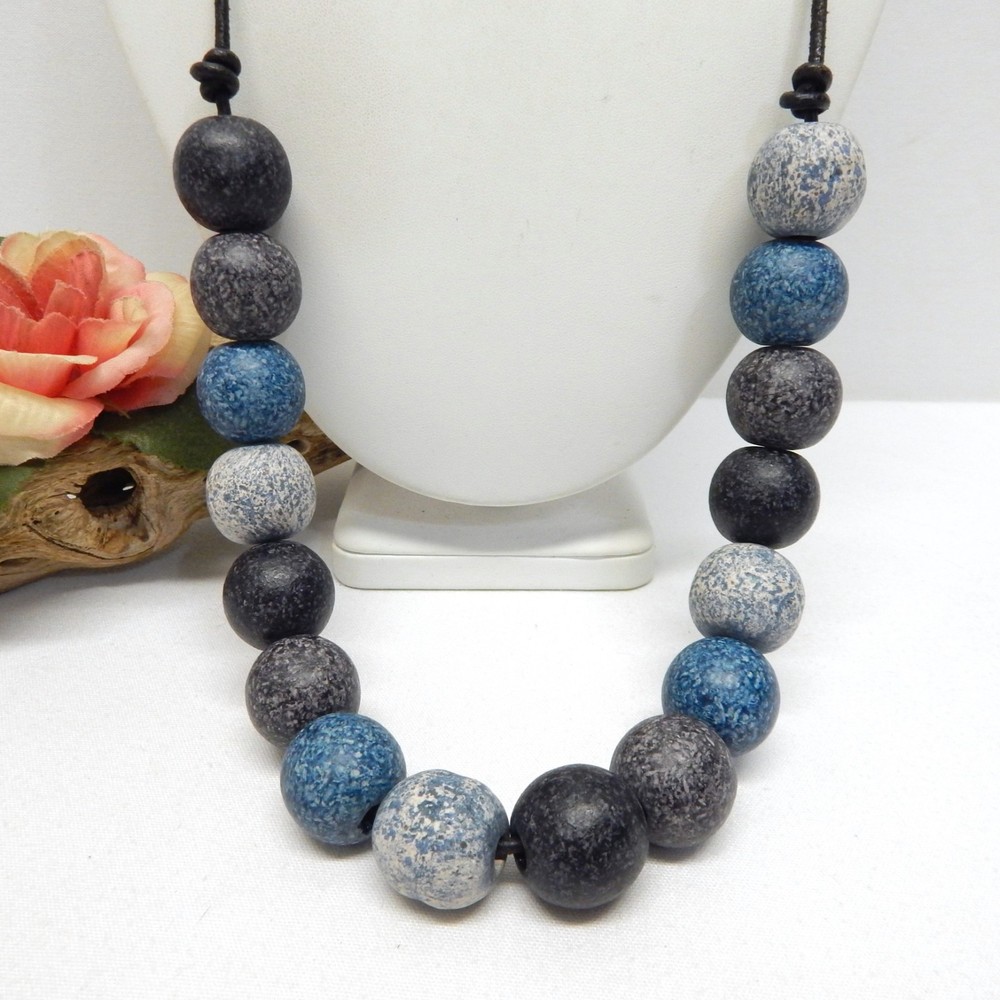 Vintage Clay Pottery Bead Necklace Multicolor 21mm Beads, Tie Back Leather Chord