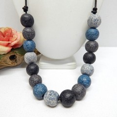 Vintage Clay Pottery Bead Necklace Multicolor 21mm Beads, Tie Back Leather Chord