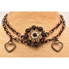 Vintage Crystal Choker Necklace Crystal Heart Flower Charm Copper Tone Y2K BinBE