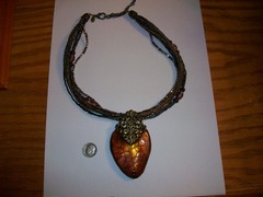 Vintage Chicos Multi-Strand Beaded Necklace W/Large Amber Colored Glass Pendant