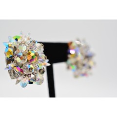 Vintage Crystal Clip On Earrings Watermelon Aurora Borealis Chunky 1960s BinAG