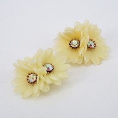 VTG Coro Cream Plastic Filigree Flower AB Rhinestone Clip On Earrings Costume