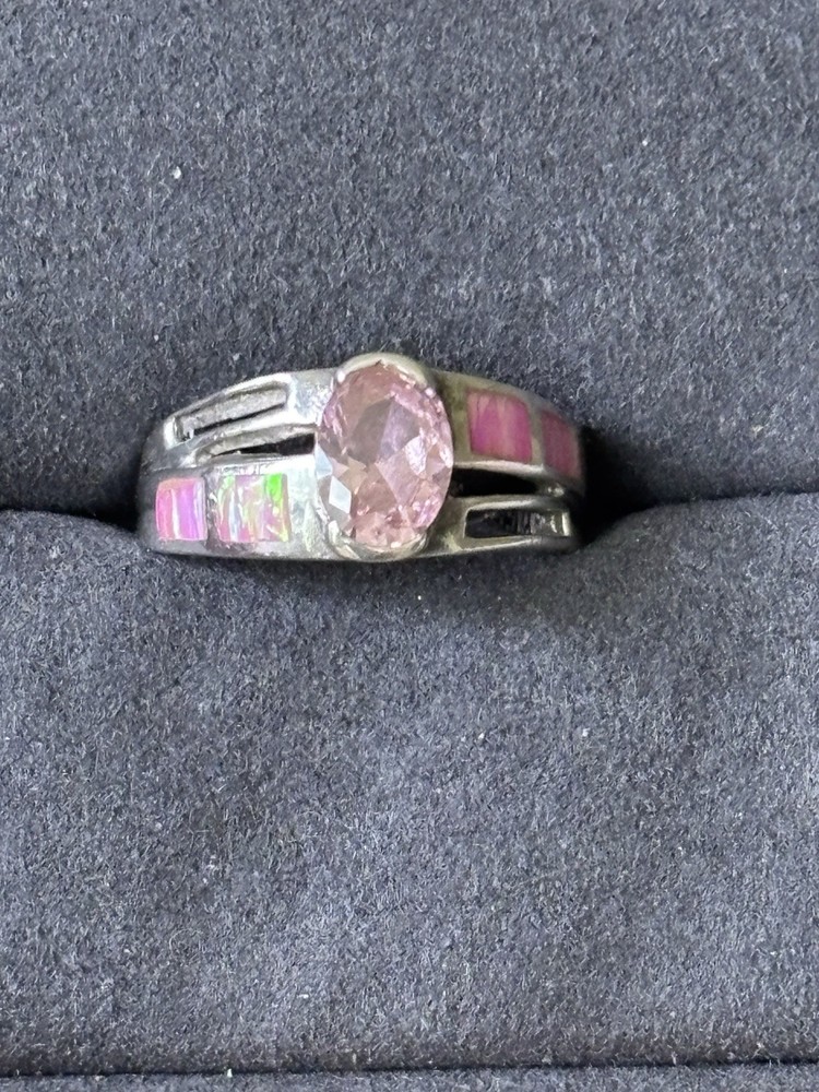 VTG Estate Ring Pink Topaz Rhinestone Inlay Pink Stones Marked 950 C Sz 6 Silver