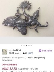 Vintage Large 75mm Pre 1949 Mekhala Goddess Siam Sterling Silver Brooch 14 grams
