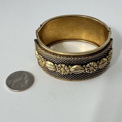 Wide Brass Gold Tone Victorian Revival Style Floral Bangle Hinged Cuff Bracelet