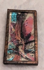 Vintage Abstract Art Brooch Mixed Media Artisan Silk Metal Frame Pin OOAK 2 x 1