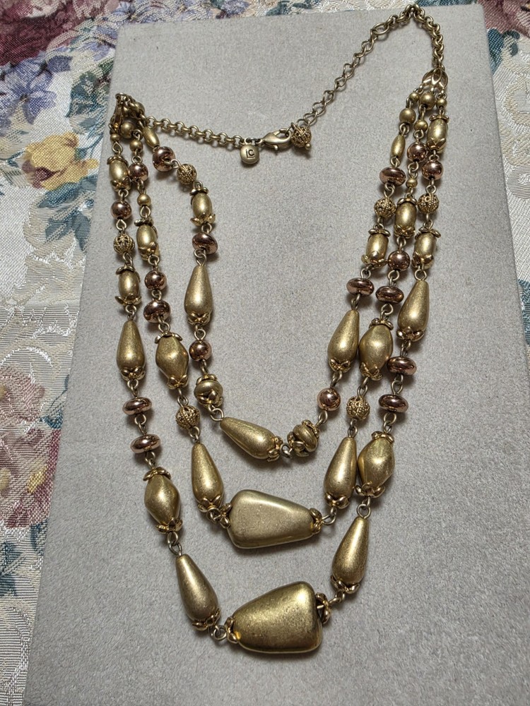 Vintage Lauren Conrad Triple Strand Beaded Necklace Gold Filagree, Matte & Shiny