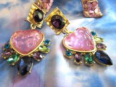 Vintage Style Gripoix PINK Heart Matte Gold Resin Heart Rhinestone Earrings NWT