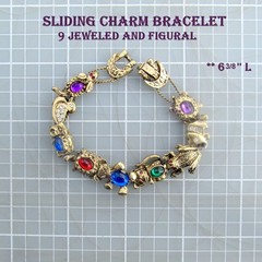 Vintage Sliding 9 Charm Bracelet 6 3/8”L Jeweled and Figural Unbranded